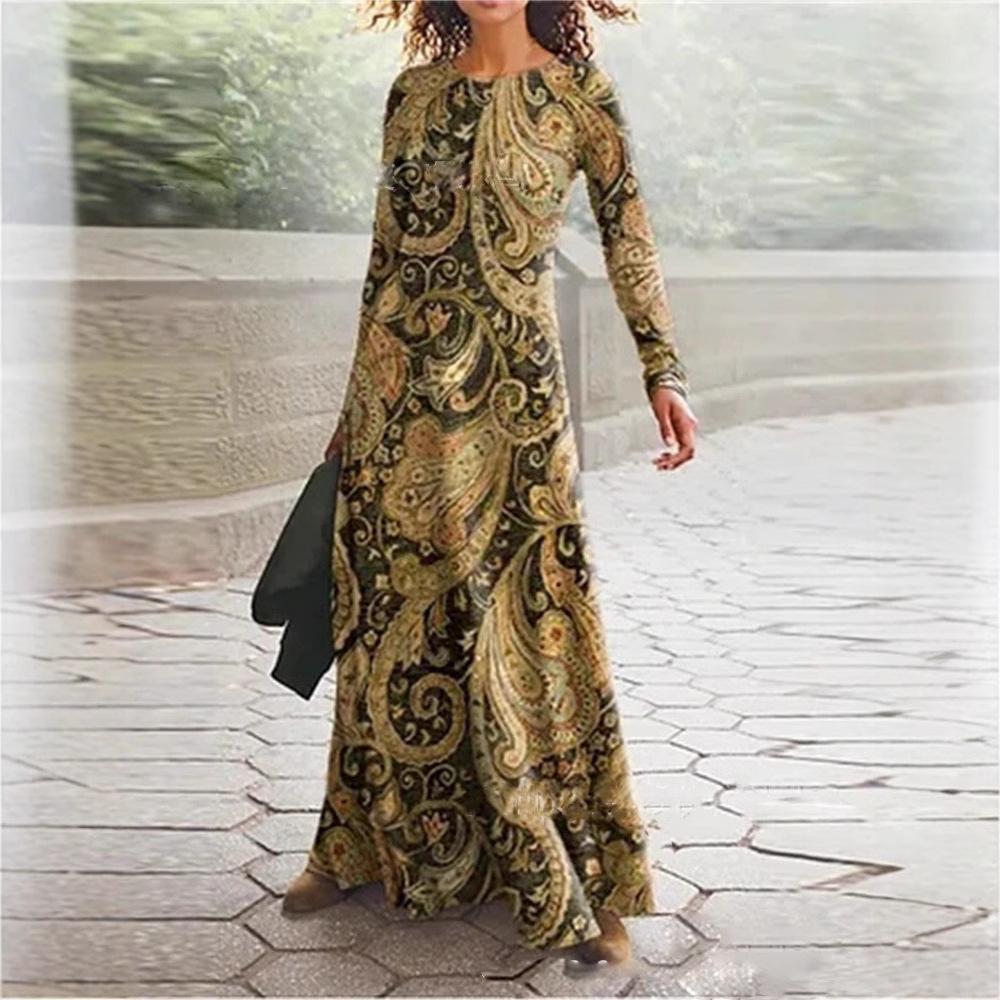 

Женское платье макси с длинным рукавом и принтом пейсли зеленого, синего и коричневого цвета, свободного богемного стиля S жёлтый
