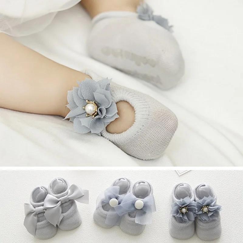 3 Pairs Cute Flower Baby Socks Sweet Lace Bow Newborn Girls Princess Sock Soft Cotton Infant Anti-slip Floor Socks