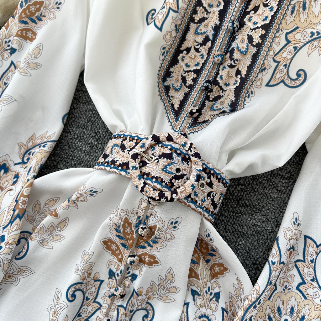 Frühling Herbst Frauen Große Größe Vintage Print Einreiher Lange Maxi Urlaub Party Kleider mit Gürtel