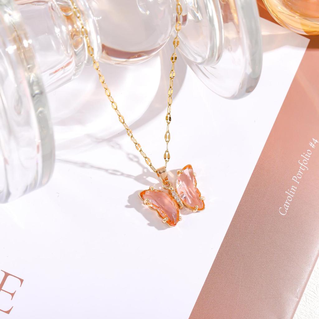 Iridescent Gradient Butterfly Necklace with Zirconia Rhinestones - Titanium Steel Clavicle Chain Pendant.