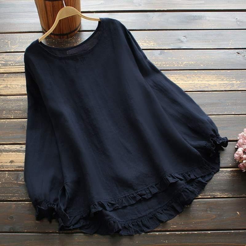 Blusa Donna Girocollo Manica Lunga Orlo Arricciato Irregolare Taglia Grande Camicia Larga Top Dolci Monocolore Moda Elegante Casual Abbigliamento Semplice