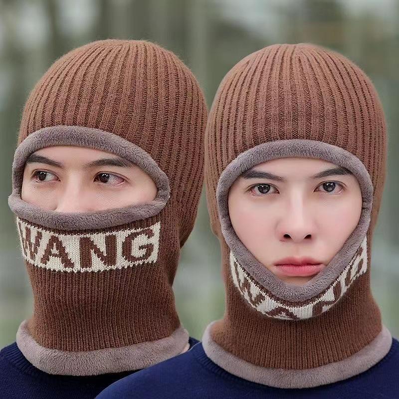 

Winter Men Solid Color Warm Letter Knitted Integrated Hat Scarf Adult Plush Thicken Outdoor Caps Women Fashion Hat коричневий