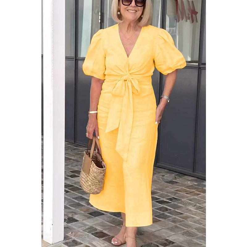 VEZFAA Women's Fashion Summer Spring Solid Color Print Short Sleeve V-Neck High Waist Casual Dresses