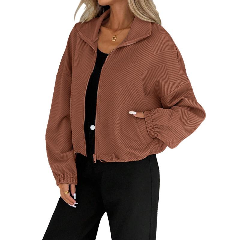 Autumn and Winter Turtleneck Zip Drawstring Pocket Women's Loose Baseball Jacket