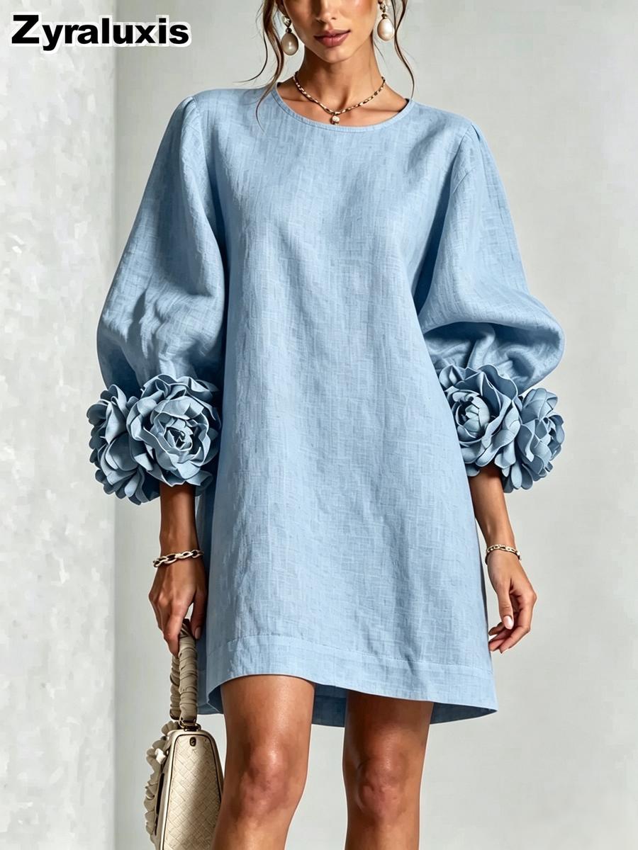 Herbst Neuer Stil Mode Damenkleider Französisches Spitzen-Laternenärmelkleid M hellblaue