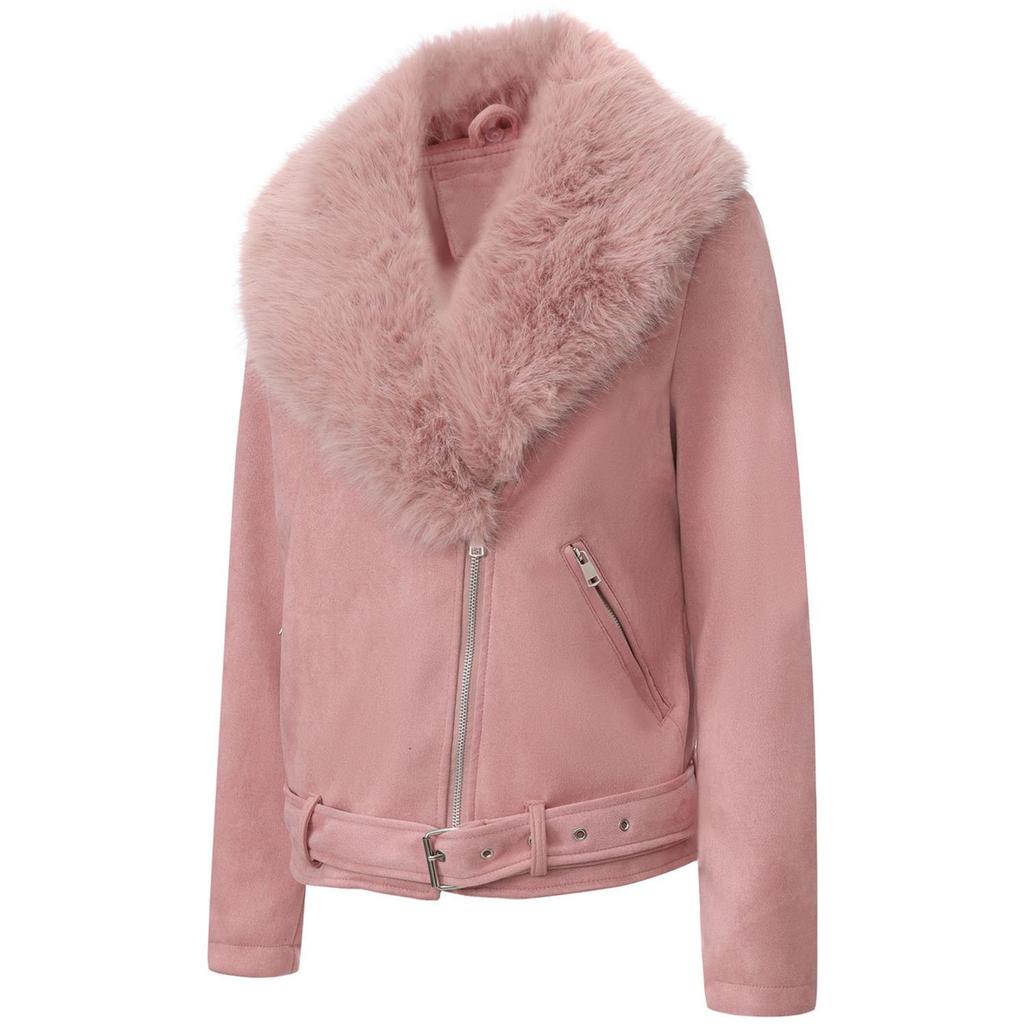 Women’s Faux Fur Coats 2 Way Wear Outfit Detachable Fur Collar Zipper Jacket Matte Faux Suede Crop Top Stylish Motobike Wear