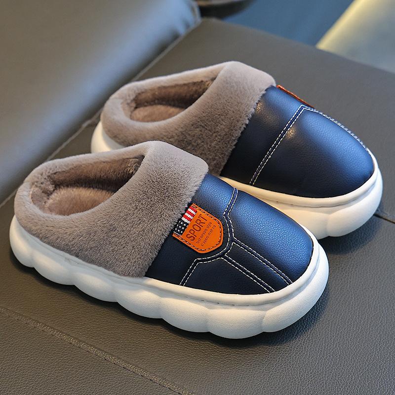 Children's cotton slippers PU leather waterproof soft bottom non-slip piled thickened parent-child adult couple home winter warm