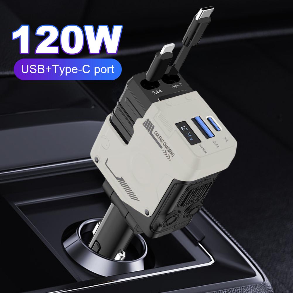4 in 1 Retractable Car Charger Fast Car Phone Charger Adjustable Angle Fast Charging Adapter 120W Car Adapter Car Accessories
