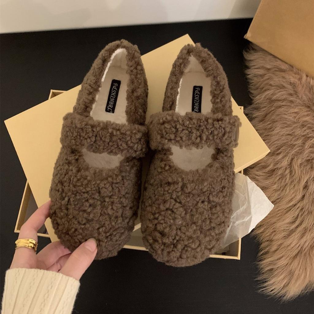 Flat-bottomed Versatile Mary Jane Lamb Wool Shoes Women's Shoes Wear 2025 New Autumn and Winter Velvet Cotton Shoes Single Shoes