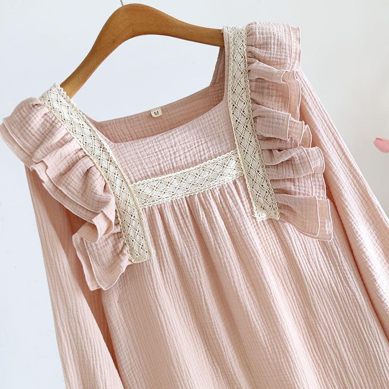 Neuer Damen Schlafrock aus 100% Baumwolle Frühling/Sommer Damen Rüschen Palaststil Langarmrock Einfarbig Langer Rock