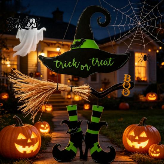 Rustic Halloween Sign Witch Hat Boot Sign, Hanging Trick or Treat Wall Decoration Decor for Home Room, Wooden Front Door Hanger Holiday Party, Or