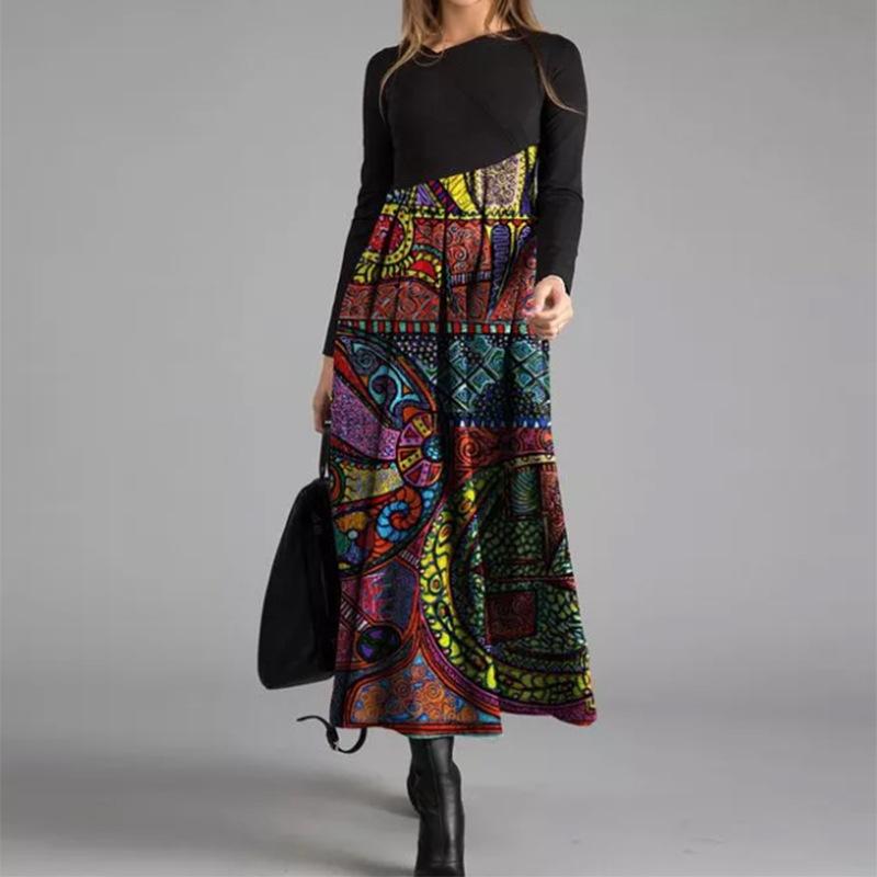 Women Color Block Floral Print Long Sleeve Maxi Dress Casual Loose A Line Long Dress S-XXXL