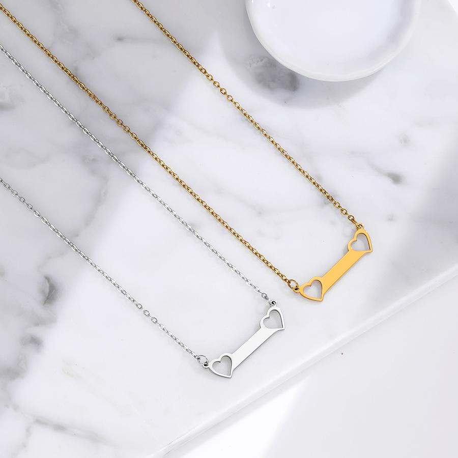 European Bestseller Stainless Steel Horizontal Bar Necklace with Hollow Heart & Name Engraving Option