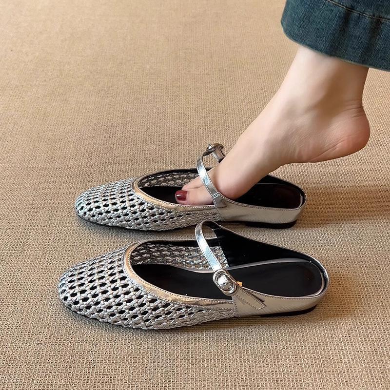 Sheepskin version~ retro handmade hollowed bag head half slippers women's 2025 summer outer wear breathable inner height increase cool slippers