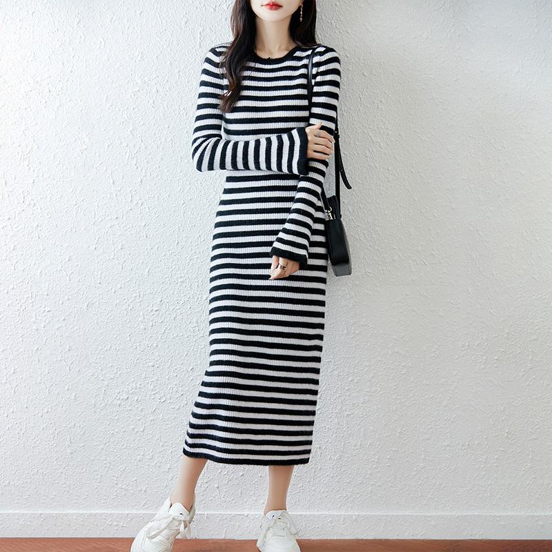 Women Sweater Dress 100% Wool MODERN NEW SAGA O-neck Striped Knit Long Pullover Winter Jumpers Wool Long Dress Female