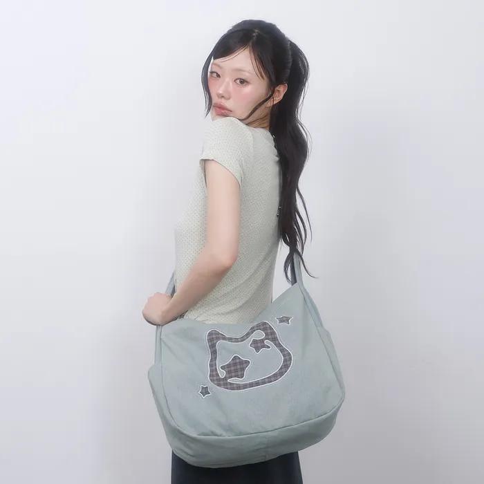 Cat Symbol Applique Washed Crossbody Bag LIGHT BLUE