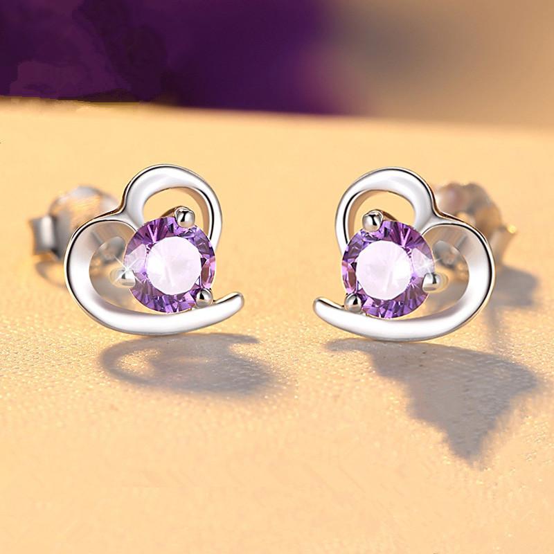Серьги-гвоздики в форме сердца из стерлингового серебра 925 пробы Популярные модные серьги-гвоздики из стерлингового серебра Серебряные серьги 925 фиолетовый