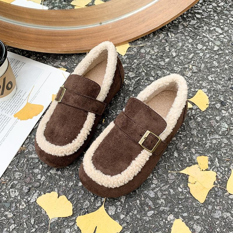 Casual Lambswool Loafers Women Flats Belt Strap Shoes Winter Furry Shoes Ladies Cotton Mocasines Warm Slip on Sheep Fur Boots