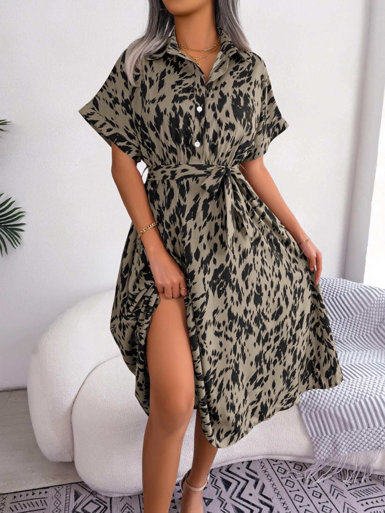 

Women s Short Sleeve Abstract Print Notch Collar Belted Waist Midi Dress XL