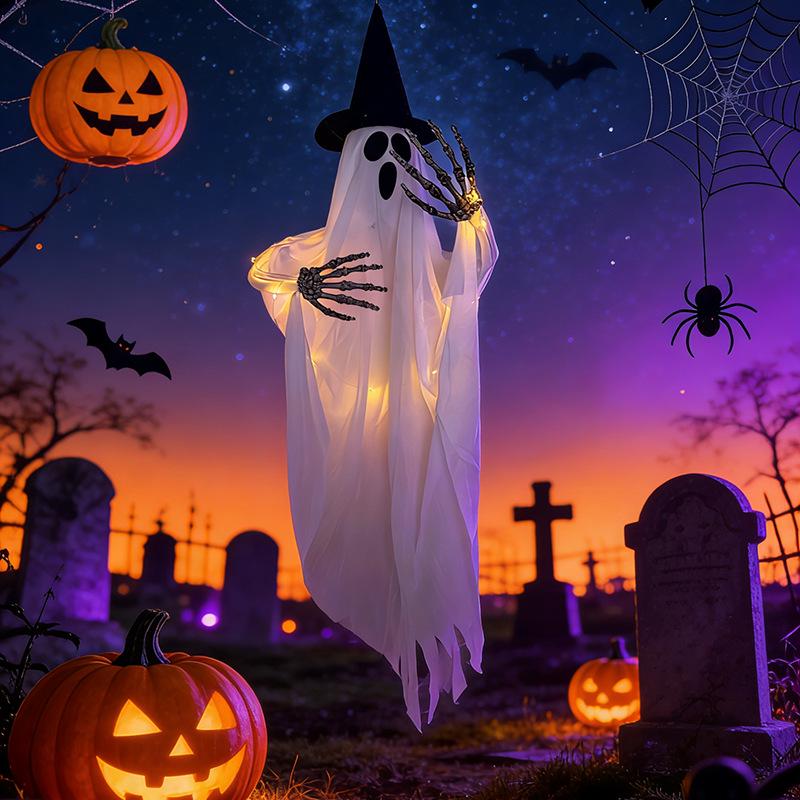 Halloween Luminous Wizard Hat Ghost Pendant Outdoor Hanging Decoration Ornament