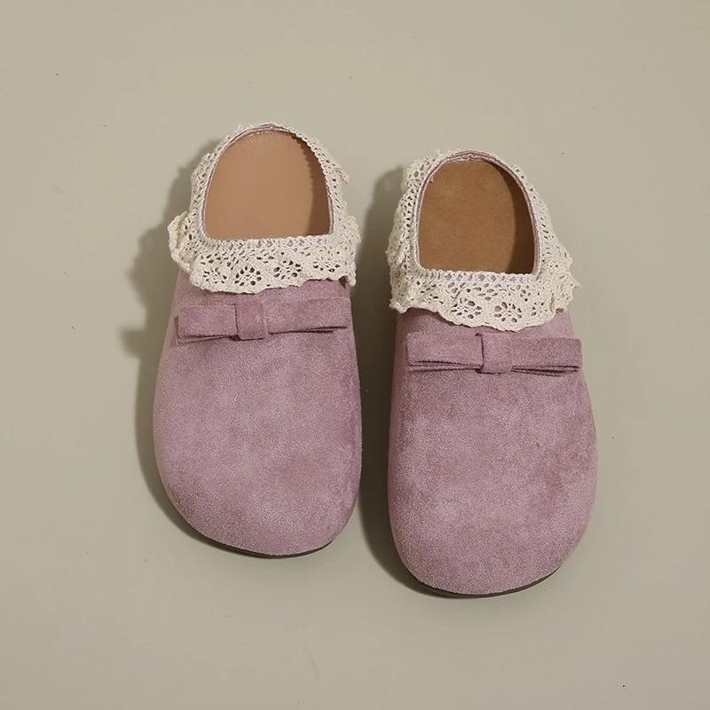 Modne Damskie Klapki Baotou Lato Nowe Okrągły Nosek Zamsz Kokarda Motylkowa Antypoślizgowe Odporne na Ścieranie Płaskie Buty