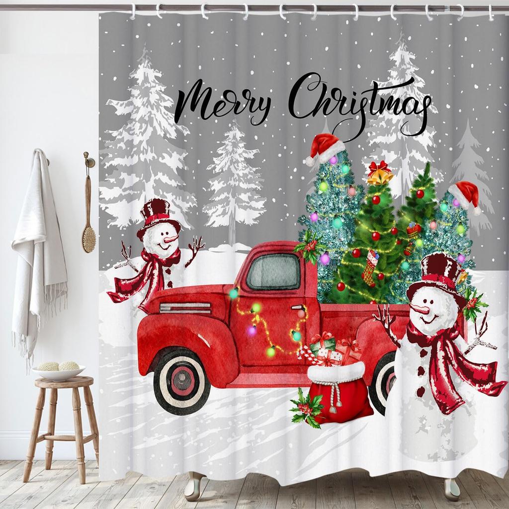 Christmas Winter Shower Curtain, Snowman with Red Truck Shower Curtain Set for New Year Bathroom Decor, Xmas Ball Tree Festival