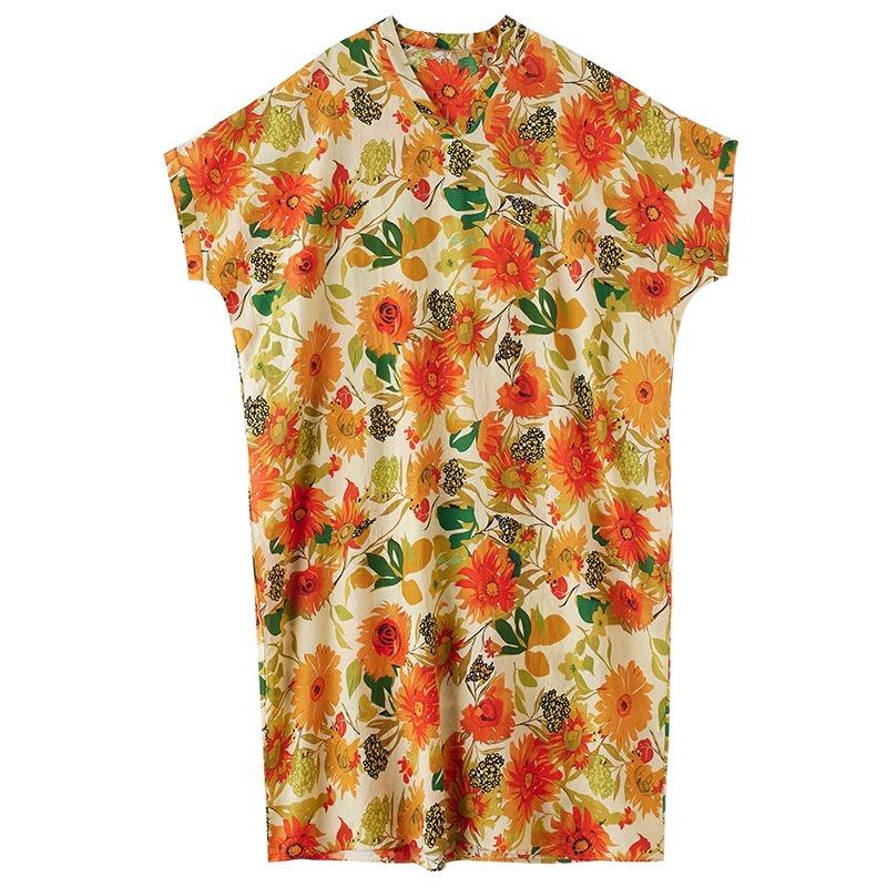 Real summer new color vacation style travel V-neck retro long dress covering meat cotton and linen dress women's clothing