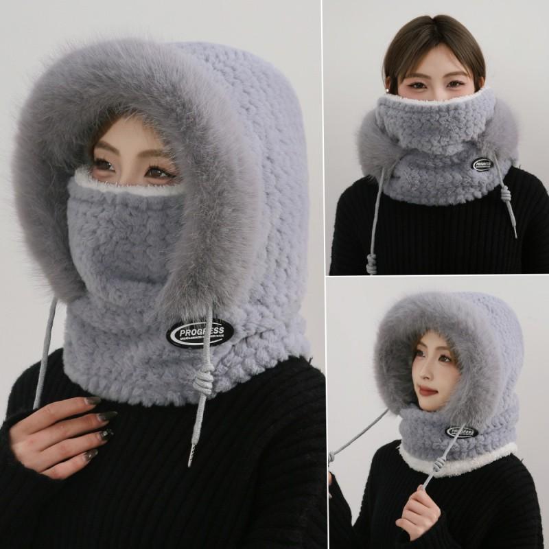 Womens Warm Knitted Hooded Scarf Face Cover Beanie Hat Winter Thick Rabbit Hair Cap With Rolled Edge