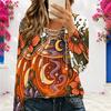 Women Plus Size White V Neck Long Sleeve Eyelet Chain Halloween Ghost Printed Top