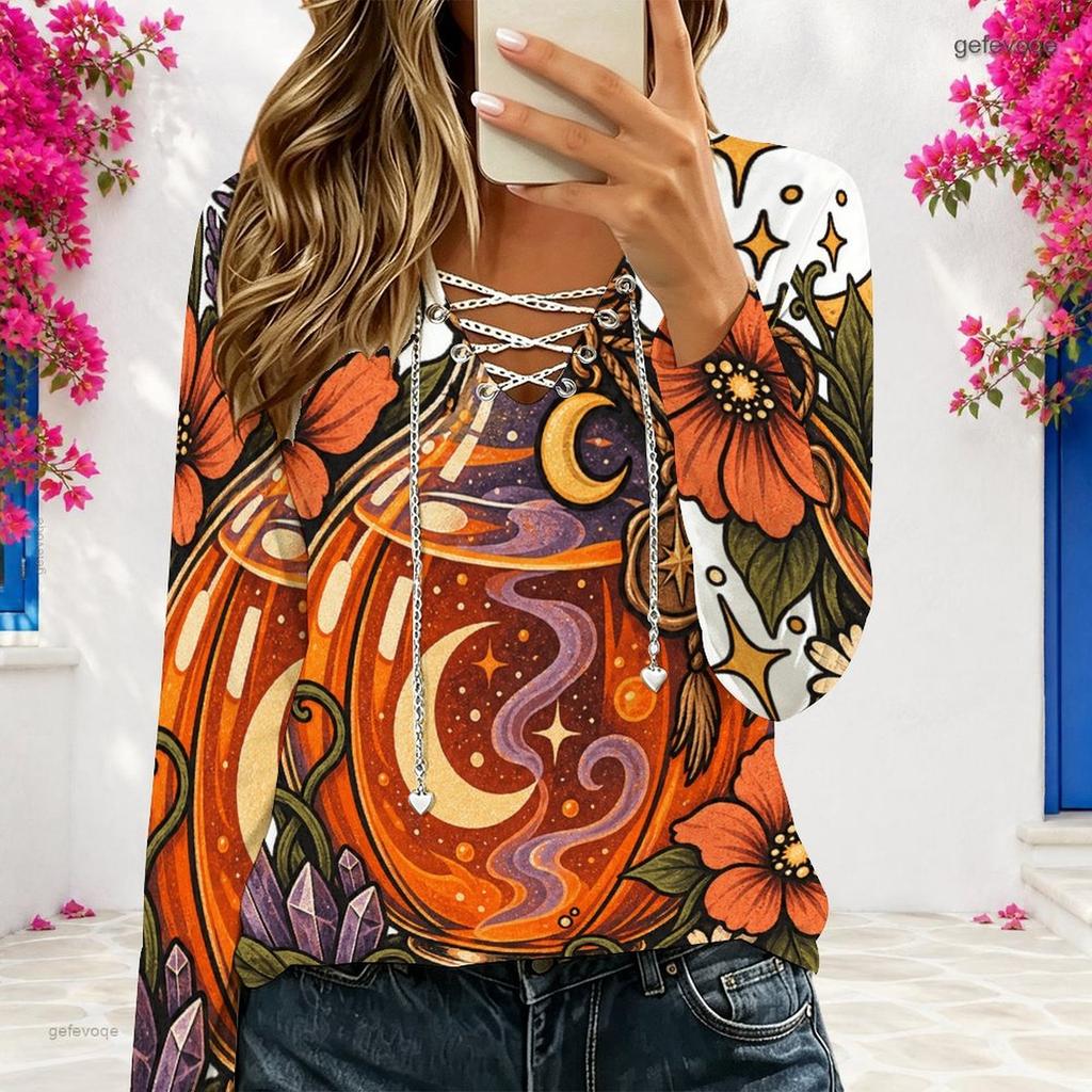 Women Plus Size White V Neck Long Sleeve Eyelet Chain Halloween Ghost Printed Top