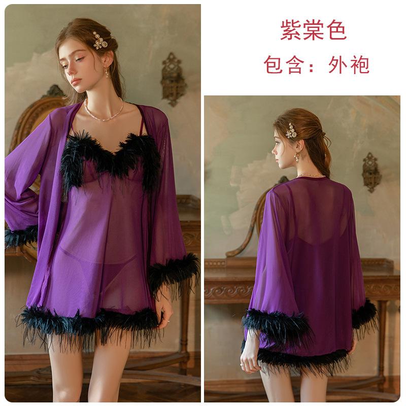 Women's Plus Size Faux Fur Mesh Cami Sleep Dress with Robe Costume Set for Summer