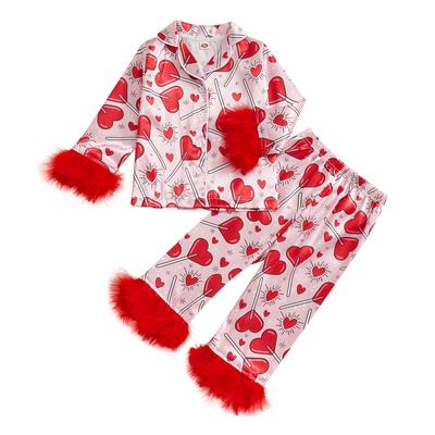 Kids Girls Valentine's Day Pajamas Set Heart Print Long Sleeve Shirts Tops Long Pants 2 Pieces Lounge Suit Sleepwear