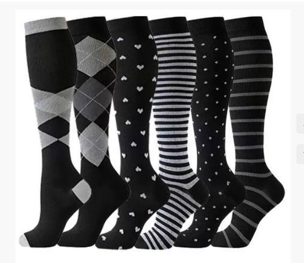 6 Pairs Mid Calf Compression Socks Sports Hiking Basketball Office Worker Calf Protection Stockings Varicose Vein Nurse Socks