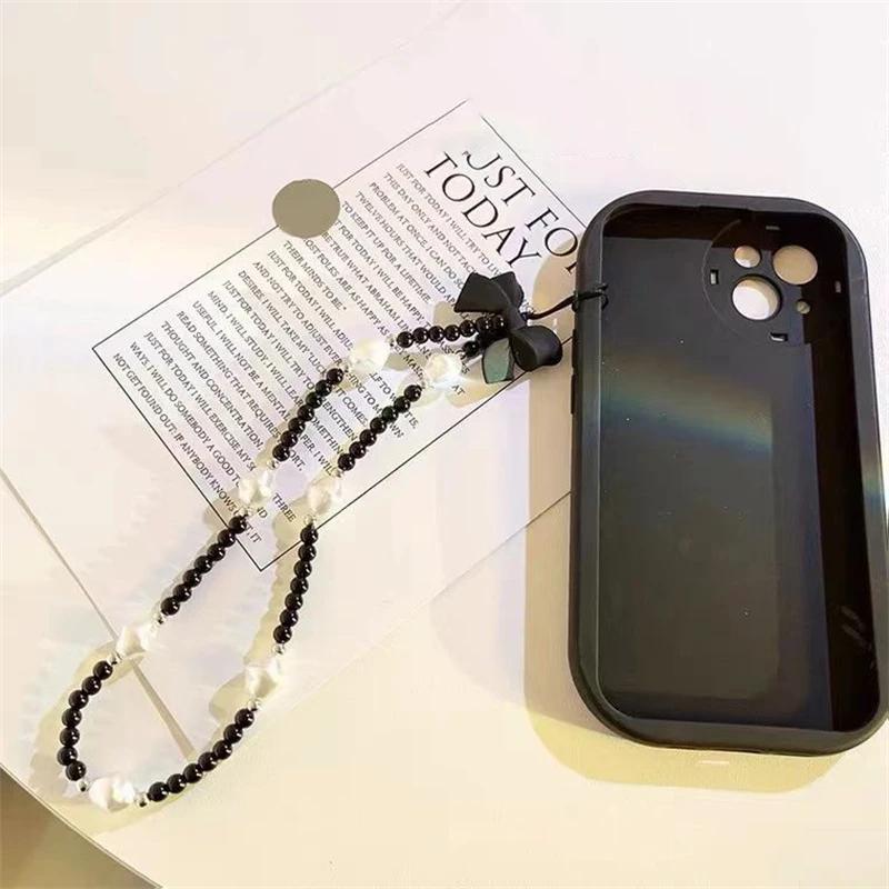 Korean Cute 3D Black Bow White Bead Beaded Phone Chain Charm Lanyard For iPhone CCD Hanging Rope Girl Jewelry Pendant Decoration