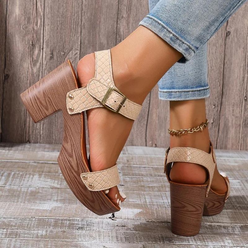Women's Fashion Chunky Sandals Summer New Round Head Open-toe Line with Waterproof Platform Anti-slip Wear-resistant High Heels