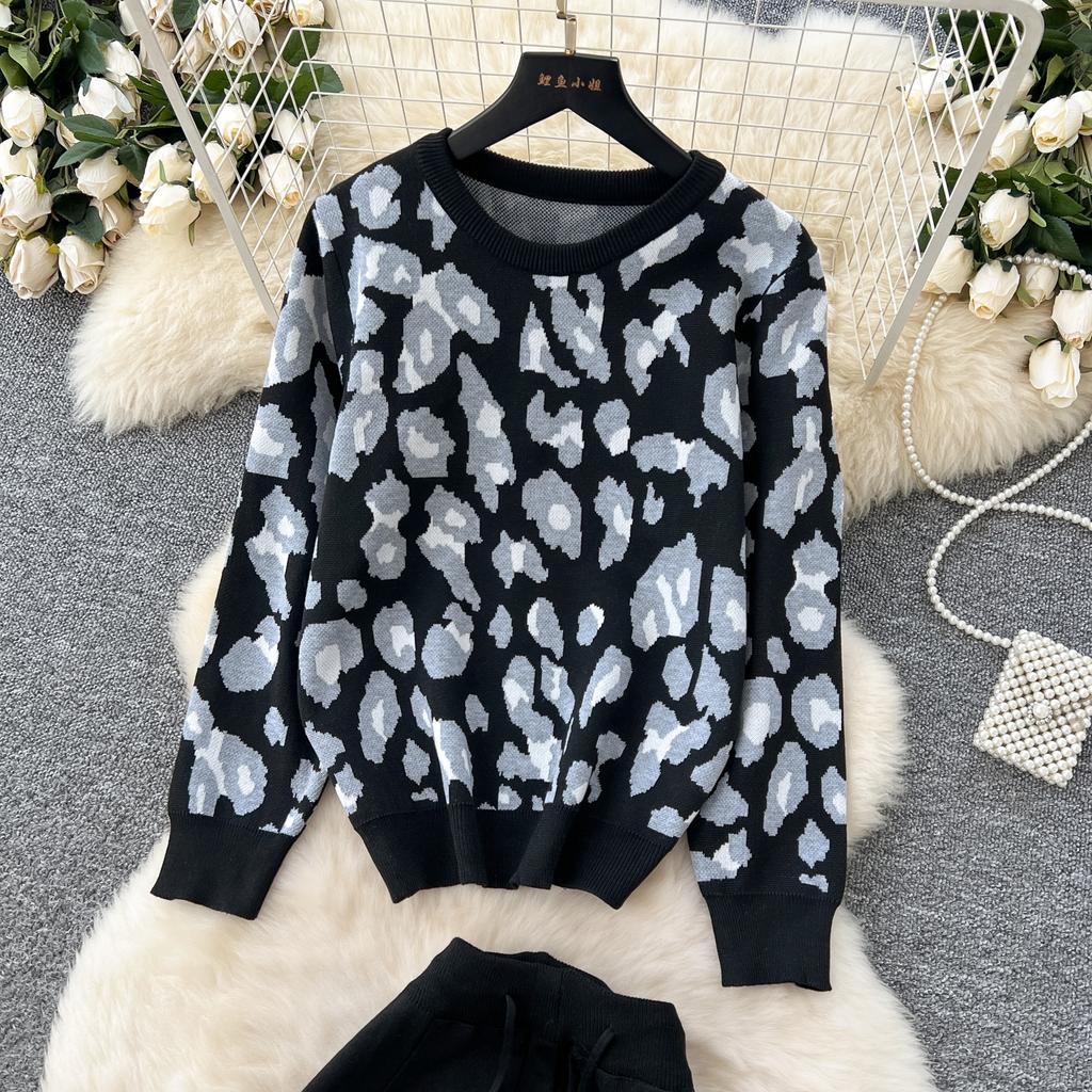 Podzim Zima Ženy Potisk Pletený svetr Kalhoty Dvoudílná sada Dámské svetry s výstřihem do O a tepláky v délce ke kotníkům