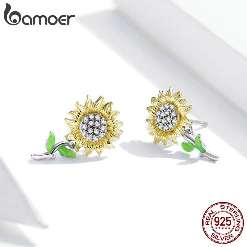 

Женские серьги-гвоздики BAMOER из стерлингового серебра 925 пробы с подсолнухом, ювелирные изделия 925 silver