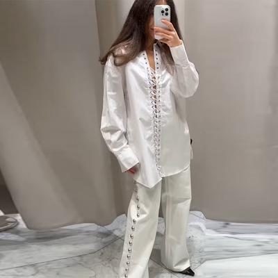Loose Lapel Hollow Out Women's Shirt White Long Sleeve Bandage Lace Up Female Shirts 2025 Spring Summer Fashion Lady Top Street
