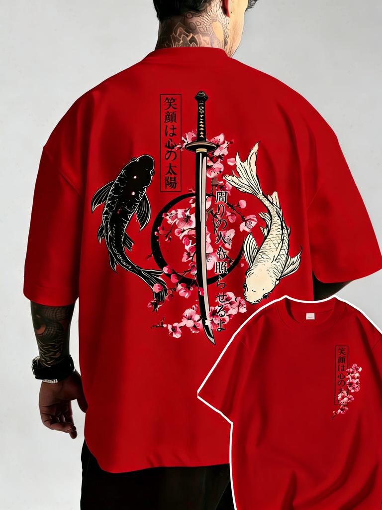 Summer Hot Japanese Yin Yang Koi Fish Samurai Sword Pattern Cotton Unisexs Tshirt Short Sleeve Tees Casual Oversized Unisex Top