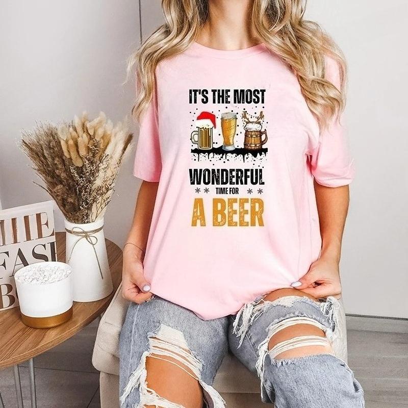 FeUnisex Street Wear Tshirt Christmas Santa Beer Print Tops T Shirt Reindeer Drinking Graphic Tees Shirt for Women Tshirt Clothes