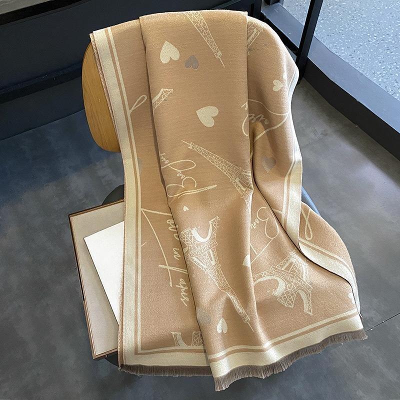 New Autumn and Winter Imitation Cashmere Scarf for Women European and American Style Iron Tower Pattern  Warm Outer Wear Multi Purpose Scarf
