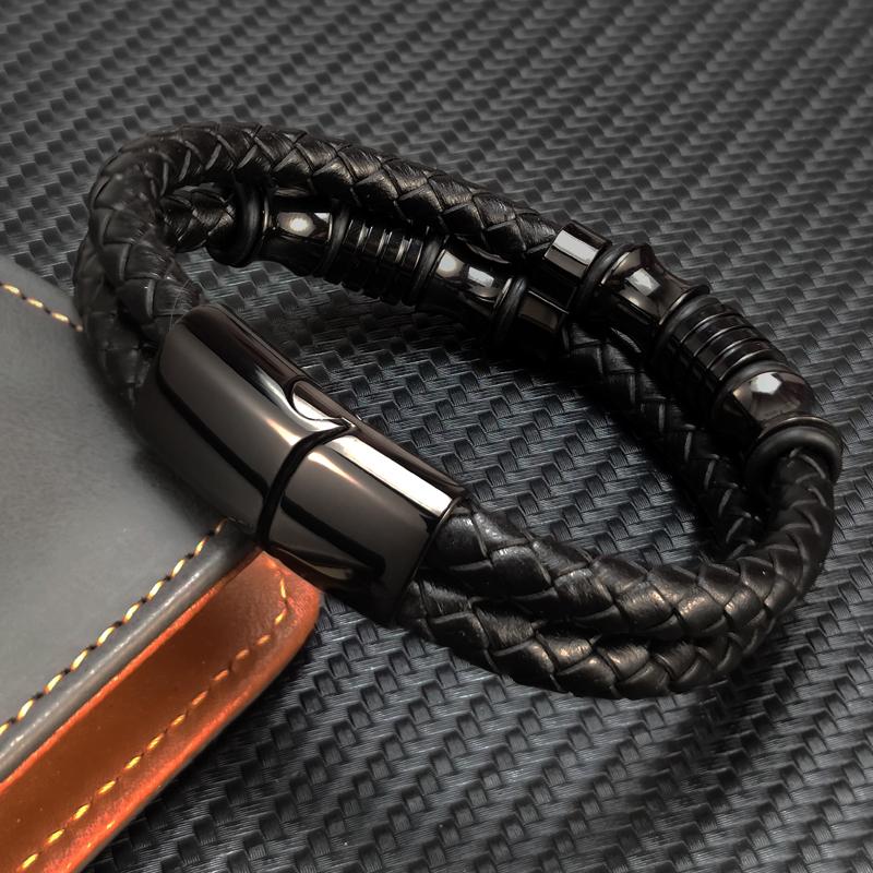 Luxury Genuine Black Leather Beads Bracelet For Men Stainless Steel Magnetic Clasp Fashion Punk Multi-Layer Bangles Male Jewelry