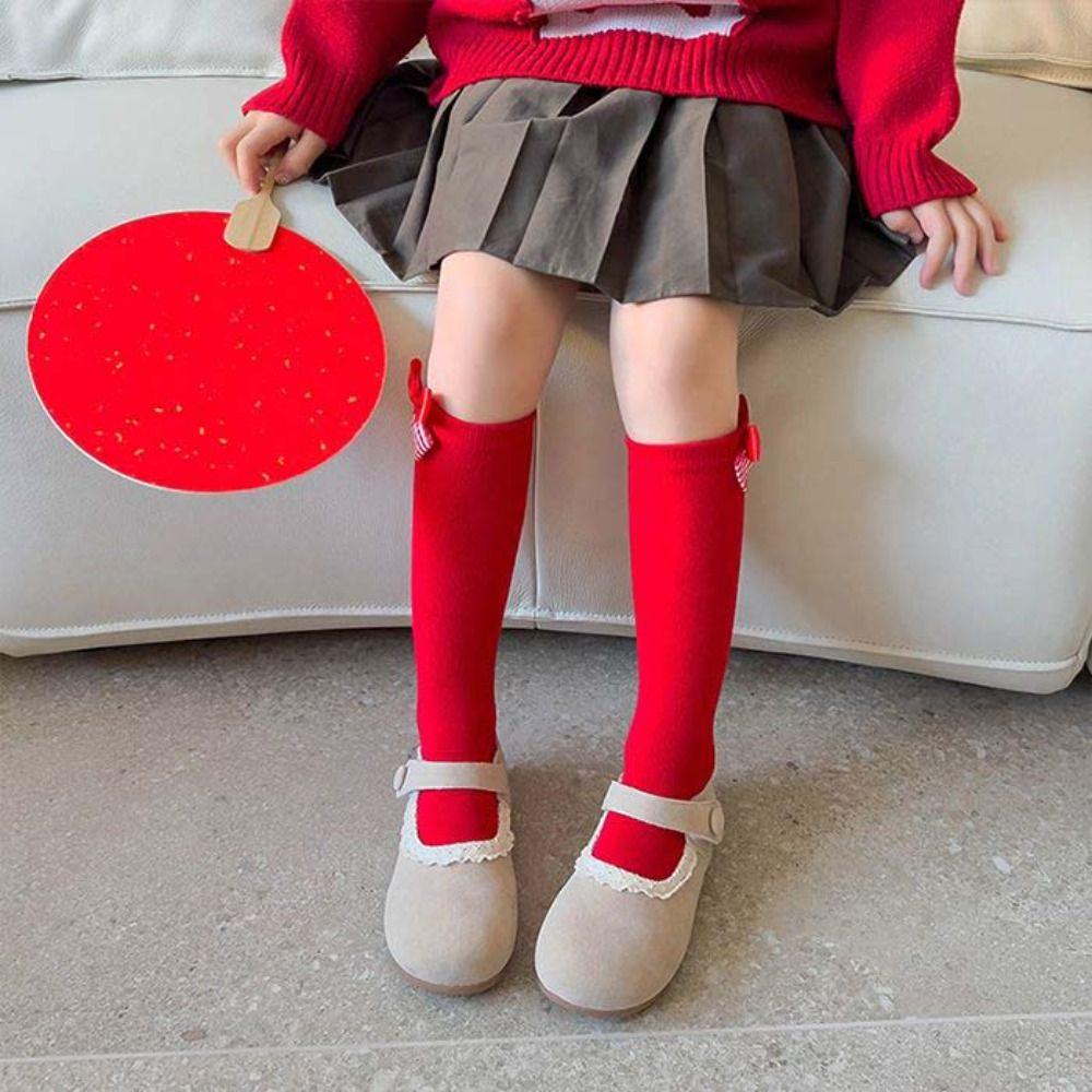 Cotton New Year Red Socks MidTube Knee High Stockings Kawaii Children Long Socks  For Girls