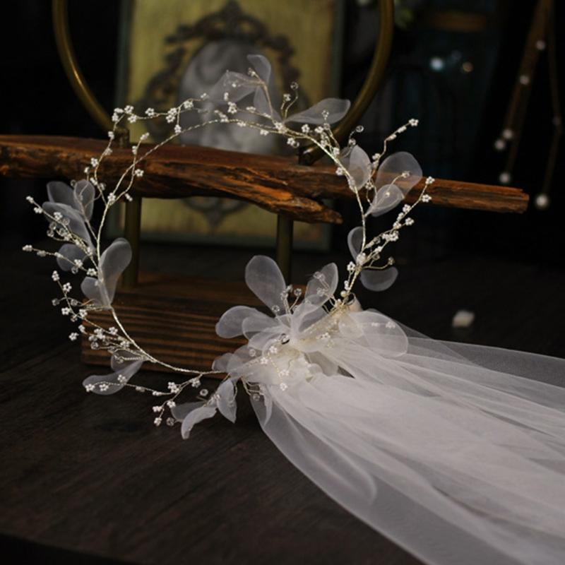 Bridal Veil with Boho Flower Crown One Layer Cut Edge Tulle Petite Beads Decorated Loop Short Veils for Flower Girls