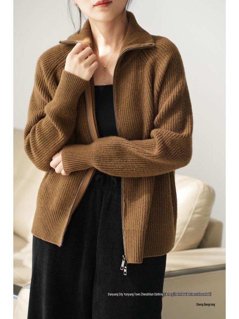 Women's European Style Pure Wool Turn-Down Collar Cashmere Cardigan with Double Zipper Knitwear.