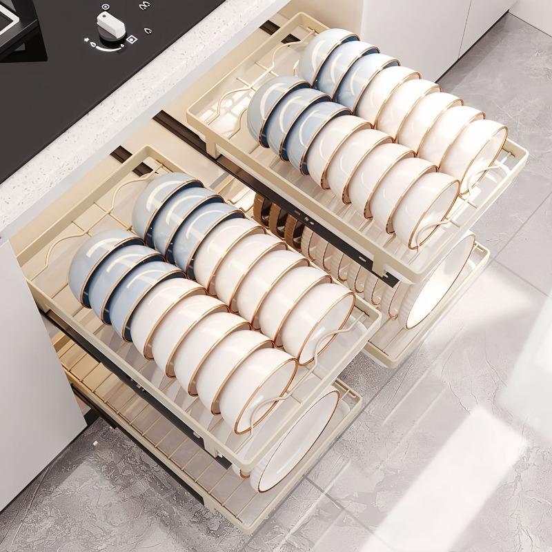 Pull-out Dish Rack Cabinet Built-in Multi-functional Integrated Bowl Rack Removable Drain Tray Kitchenware Rack