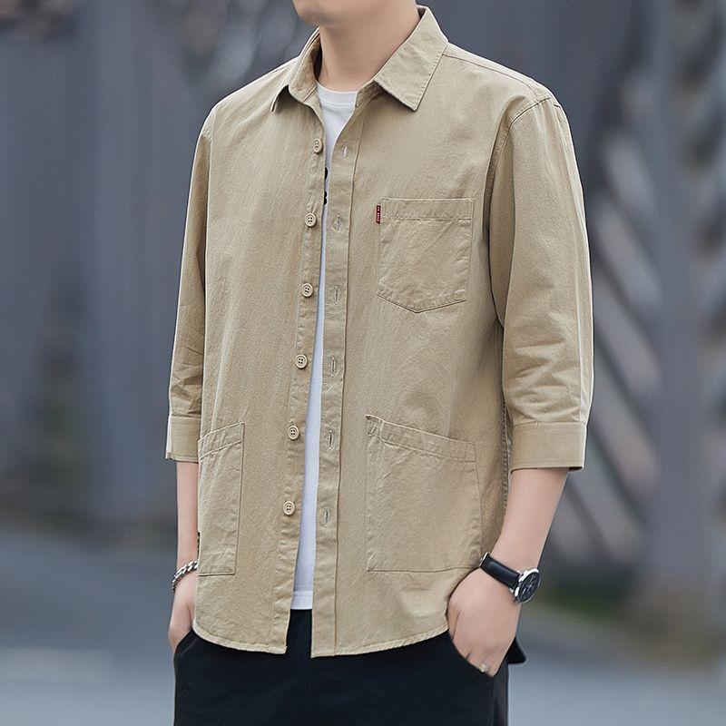 Ανοιξιάτικο και φθινόπωρο Ανδρικό πουκάμισο μονόχρωμο μακρυμάνικο μονόχρωμο πουκάμισο πόλο με λαιμόκοψη Business Casual Fit Top