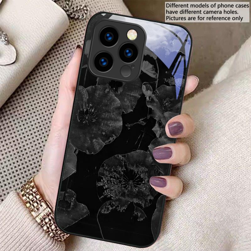 Light luxury lotus leaf For iPhone 16 E 15 14 13 Plus 12 mini 11 Pro Max XR Xs Max X 7 8 P lus 6 6S 22 Tempered Glass Phone Case