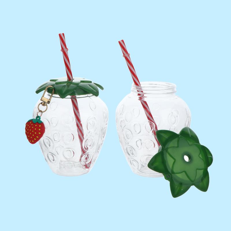 Portable Strawberry Shaped Water Bottle with Straw Cute Plastic Cup for Everyday Use