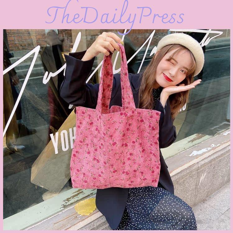 Fashionable Dusty Rose Corduroy Tote Bag With Artistic Design Versatile Large Capacity For Students